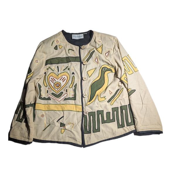 Vtg 1990s Patchington Beige Green Bird Heart Applique Collarless Boho Jacket L - Picture 1 of 4